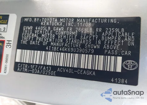 2009 Toyota Camry Xle z USA, uszkodzony, nr VIN 4T1BE46K69U390579